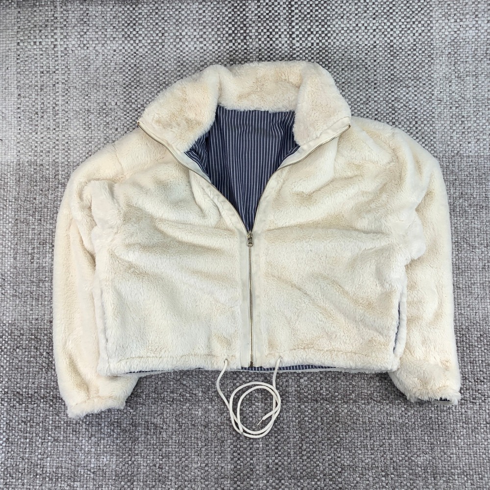Umgee USA Reversible Pinstripe and Faux Fur Bomber Jacket Navy Cream Small